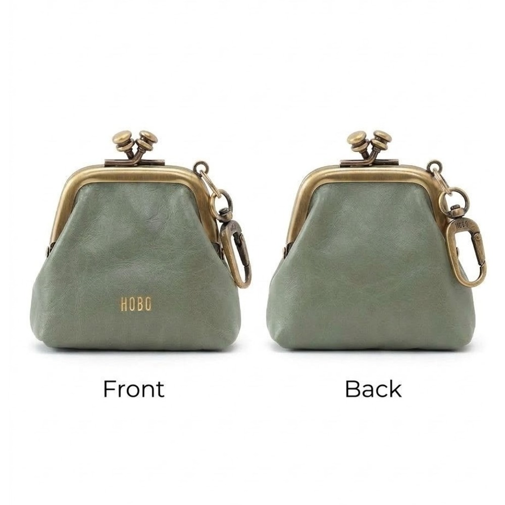 HOBO Run Leather Kisslock Frame Pouch Coin Purse Bag Charm Sage Green Brass